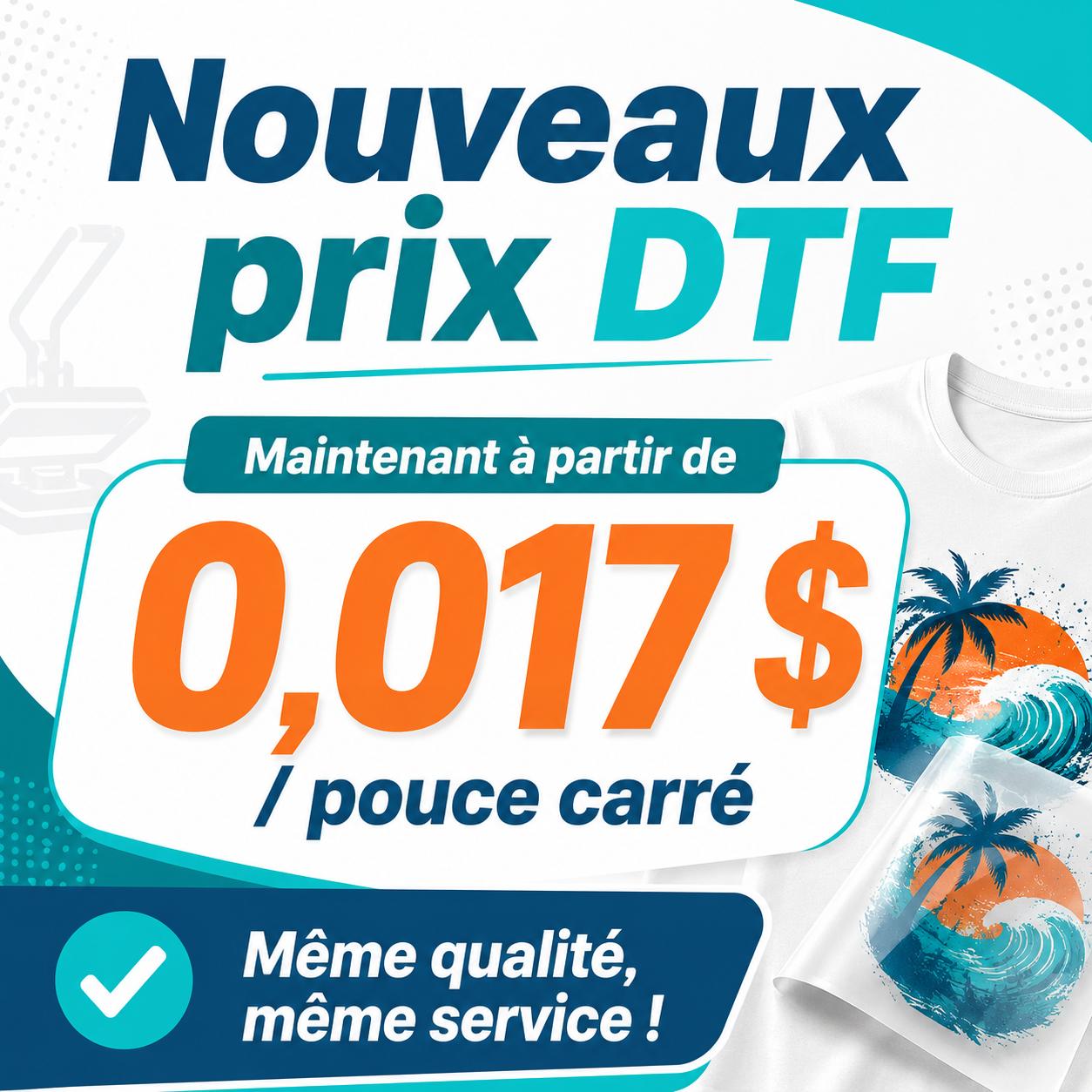 Nouveaux prix pour les gang sheets DTF Art Press Zone à partir de 14,72 $ par mètre linéaire, soit 0,017 $ par pouce carré selon la quantité commandée.