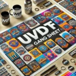 DALL·E 2024-12-09 11.33.22 – A professional promotional image showcasing a UVDTF gang sheet composed of multiple rectangular and square sections, each displa