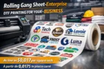 FR : Impression DTF pour entreprises avec rolling gang sheet, logos corporatifs prêts à presser sur film, solution économique pour vêtements promotionnels EN : DTF printing for businesses using rolling gang sheet, corporate logos ready to press on film, cost-effective solution for promotional apparel