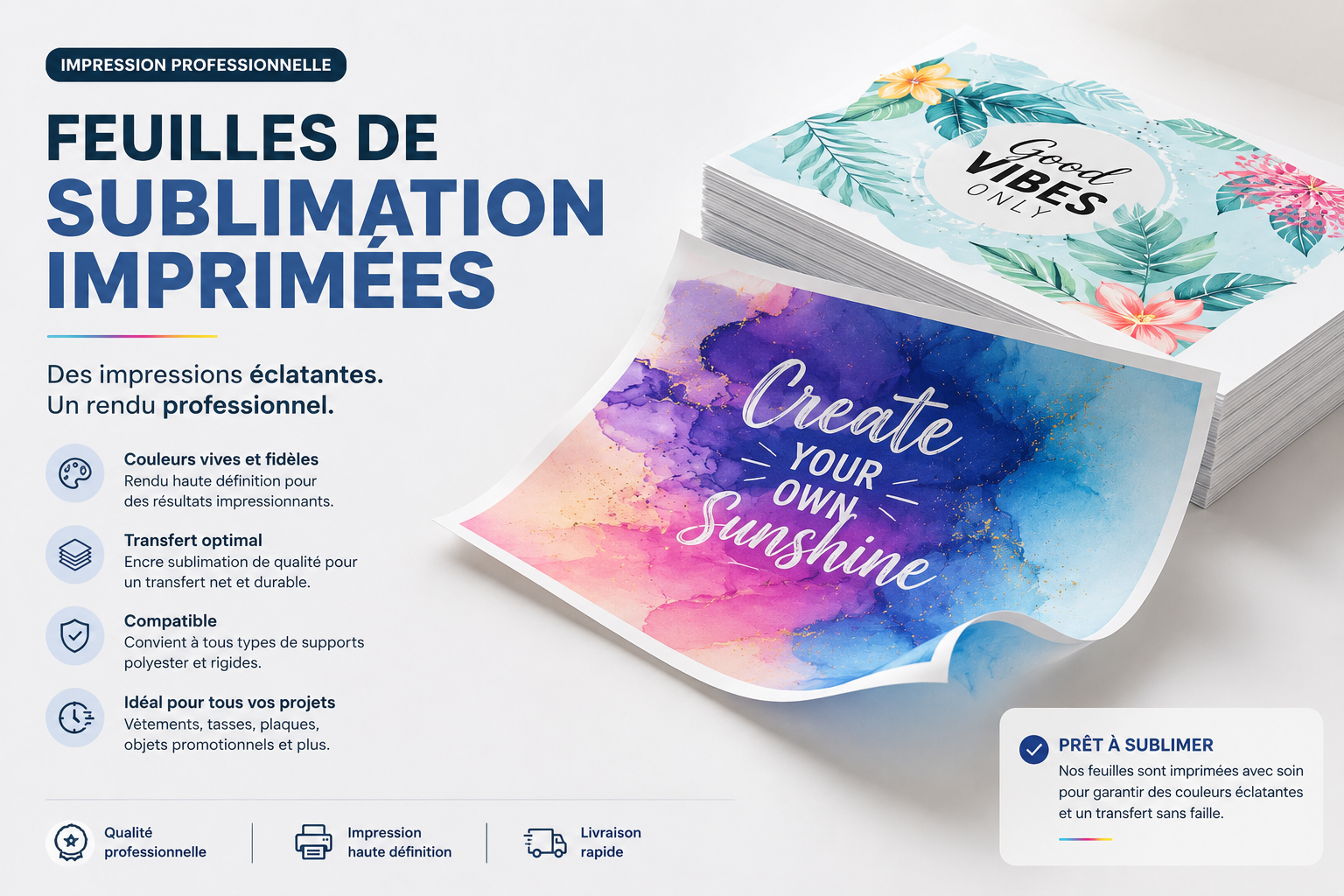 Feuilles de sublimation professionnelles blanches pour impression haute définition et transfert thermique sur vêtements et produits promotionnels.